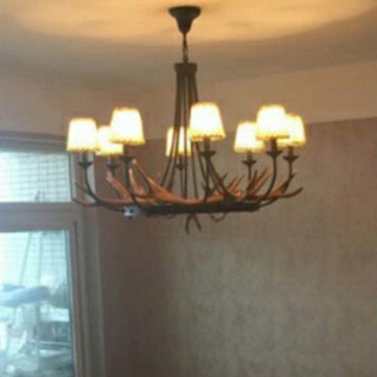 Traditional Vintage Antlers Branch Round Linen Faux Sheepskin Resin Iron 8-Light Chandeliers For Living Room