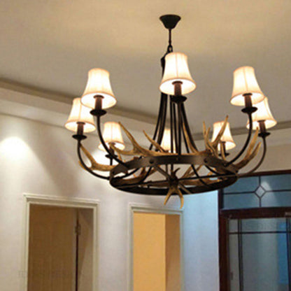 Traditional Vintage Antlers Branch Round Linen Faux Sheepskin Resin Iron 8-Light Chandeliers For Living Room