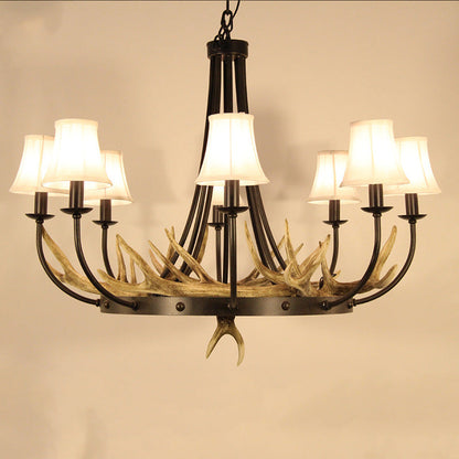 Traditional Vintage Antlers Branch Round Linen Faux Sheepskin Resin Iron 8-Light Chandeliers For Living Room