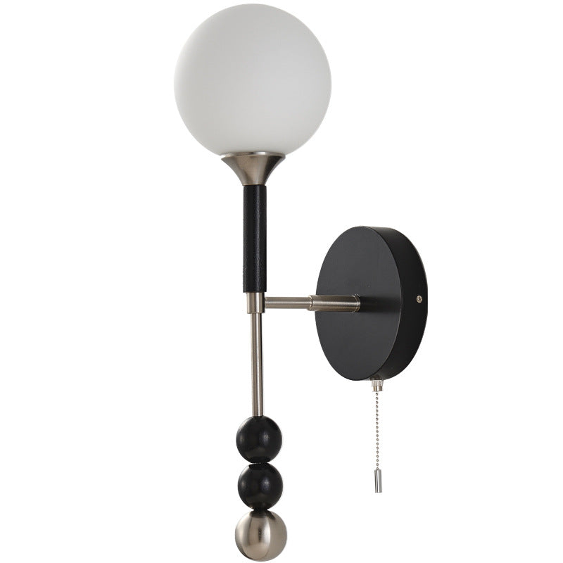 Traditional Vintage Magic Bean Orb Glass Ash Wood Metal 1-Light Wall Sconce Lamp For Living Room