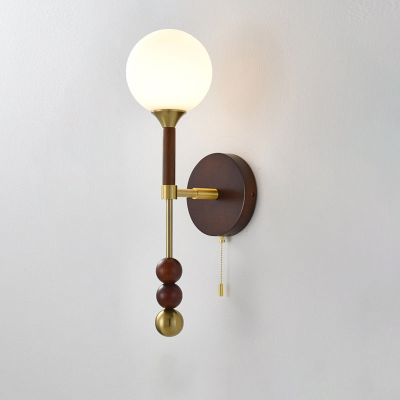 Traditional Vintage Magic Bean Orb Glass Ash Wood Metal 1-Light Wall Sconce Lamp For Living Room