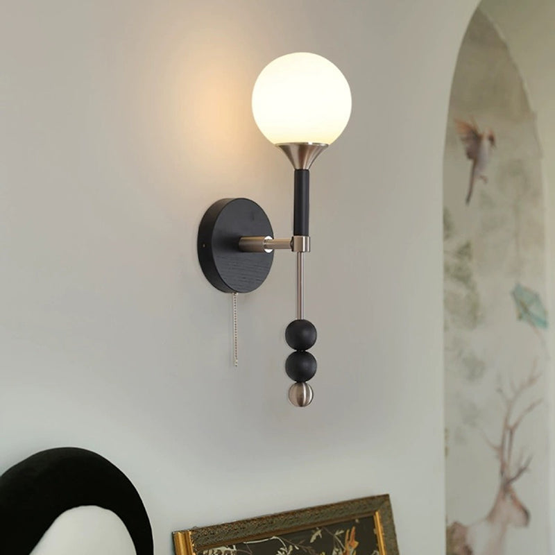 Traditional Vintage Magic Bean Orb Glass Ash Wood Metal 1-Light Wall Sconce Lamp For Living Room