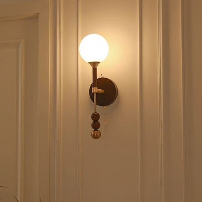 Traditional Vintage Magic Bean Orb Glass Ash Wood Metal 1-Light Wall Sconce Lamp For Living Room