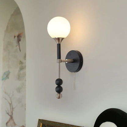 Traditional Vintage Magic Bean Orb Glass Ash Wood Metal 1-Light Wall Sconce Lamp For Living Room