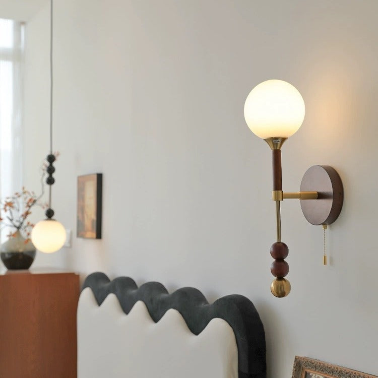 Traditional Vintage Magic Bean Orb Glass Ash Wood Metal 1-Light Wall Sconce Lamp For Living Room