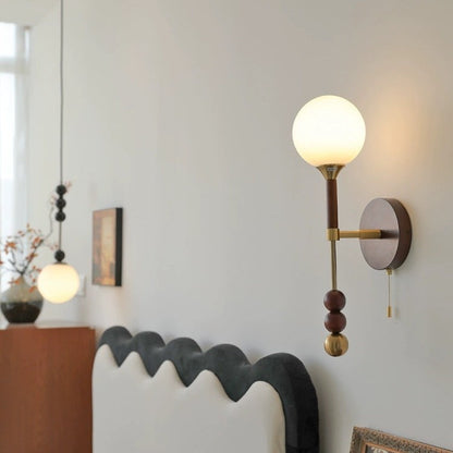 Traditional Vintage Magic Bean Orb Glass Ash Wood Metal 1-Light Wall Sconce Lamp For Living Room