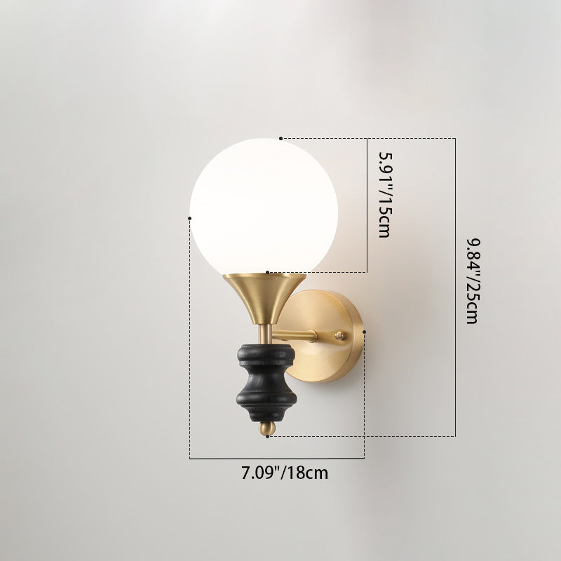 Traditional Vintage Orb Round Glass Walnut Brass 1/2 Light Wall Sconce Lamp For Living Room