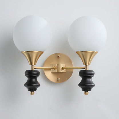 Traditional Vintage Orb Round Glass Walnut Brass 1/2 Light Wall Sconce Lamp For Living Room