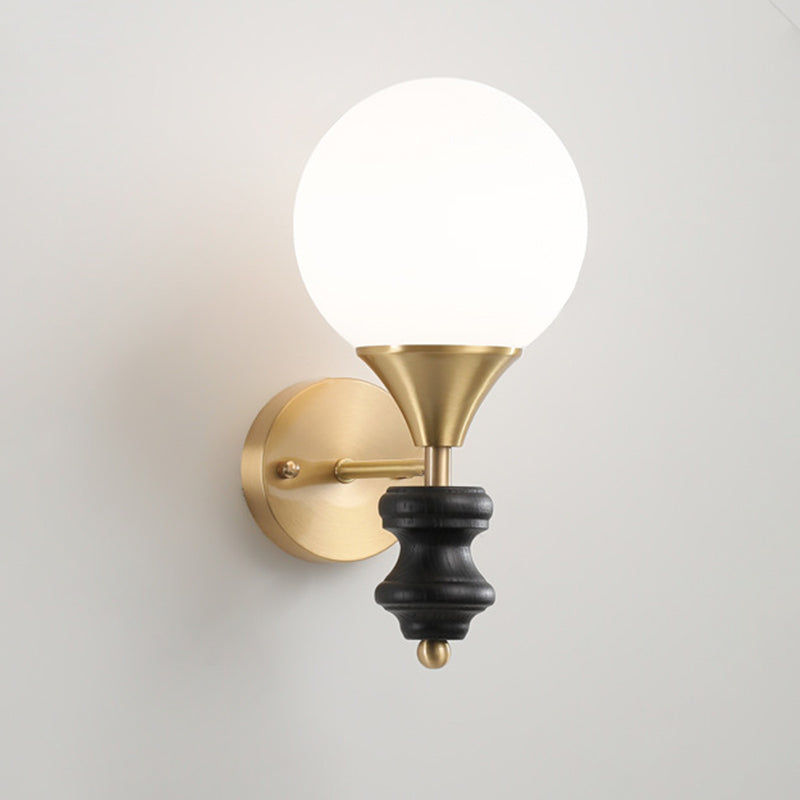 Traditional Vintage Orb Round Glass Walnut Brass 1/2 Light Wall Sconce Lamp For Living Room