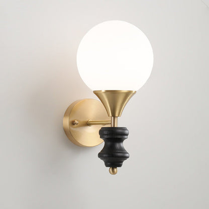 Traditional Vintage Orb Round Glass Walnut Brass 1/2 Light Wall Sconce Lamp For Living Room