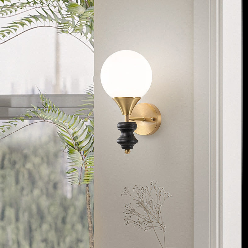 Traditional Vintage Orb Round Glass Walnut Brass 1/2 Light Wall Sconce Lamp For Living Room