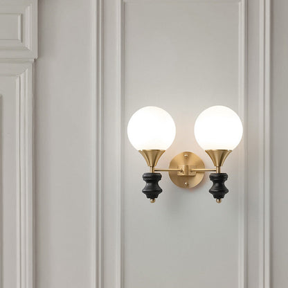 Traditional Vintage Orb Round Glass Walnut Brass 1/2 Light Wall Sconce Lamp For Living Room