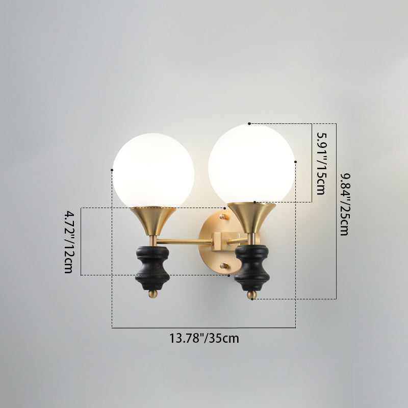 Traditional Vintage Orb Round Glass Walnut Brass 1/2 Light Wall Sconce Lamp For Living Room