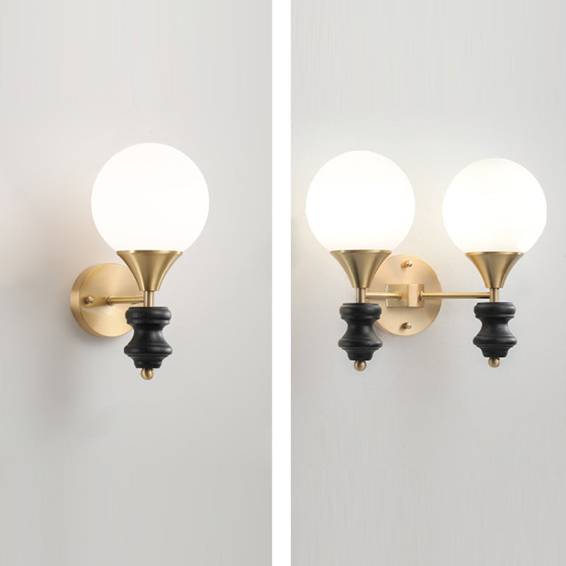 Traditional Vintage Orb Round Glass Walnut Brass 1/2 Light Wall Sconce Lamp For Living Room