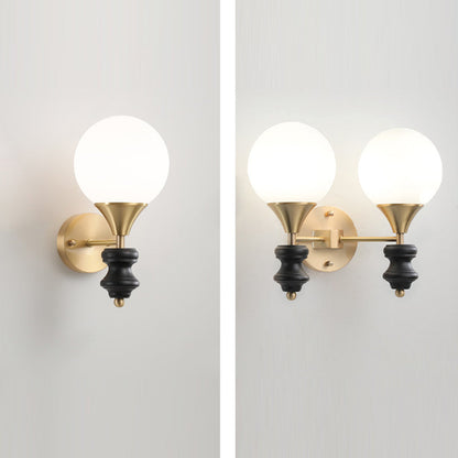 Traditional Vintage Orb Round Glass Walnut Brass 1/2 Light Wall Sconce Lamp For Living Room
