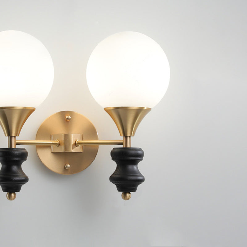 Traditional Vintage Orb Round Glass Walnut Brass 1/2 Light Wall Sconce Lamp For Living Room