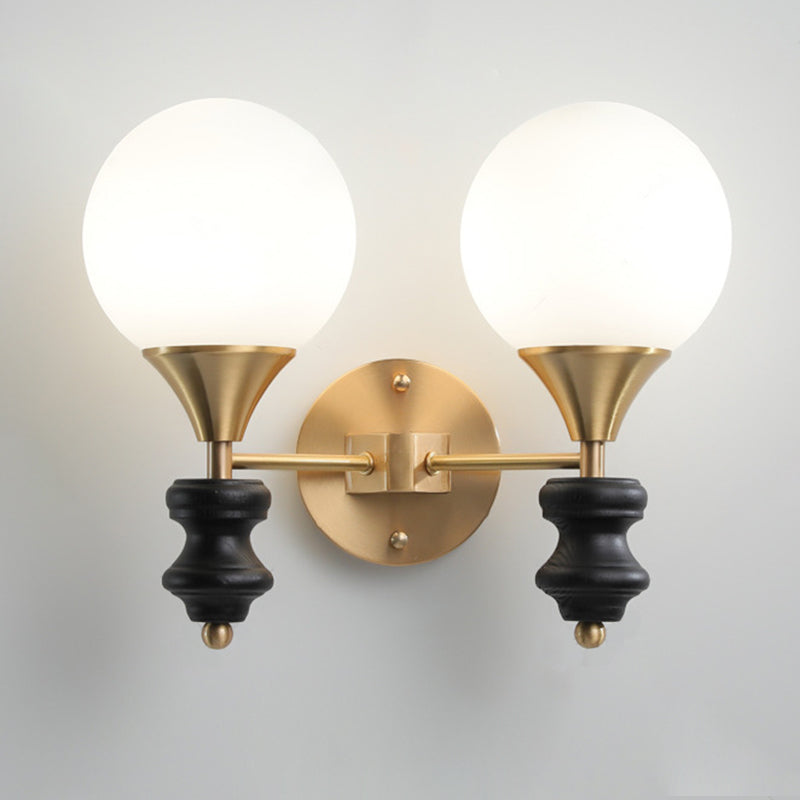 Traditional Vintage Orb Round Glass Walnut Brass 1/2 Light Wall Sconce Lamp For Living Room