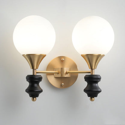 Traditional Vintage Orb Round Glass Walnut Brass 1/2 Light Wall Sconce Lamp For Living Room