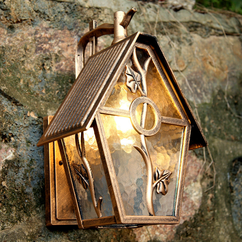 Traditional Vintage House Shape Square Glass Aluminum 1-Light Wall Sconce Lamp For Outdoor Patio