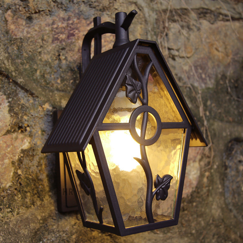 Traditional Vintage House Shape Square Glass Aluminum 1-Light Wall Sconce Lamp For Outdoor Patio