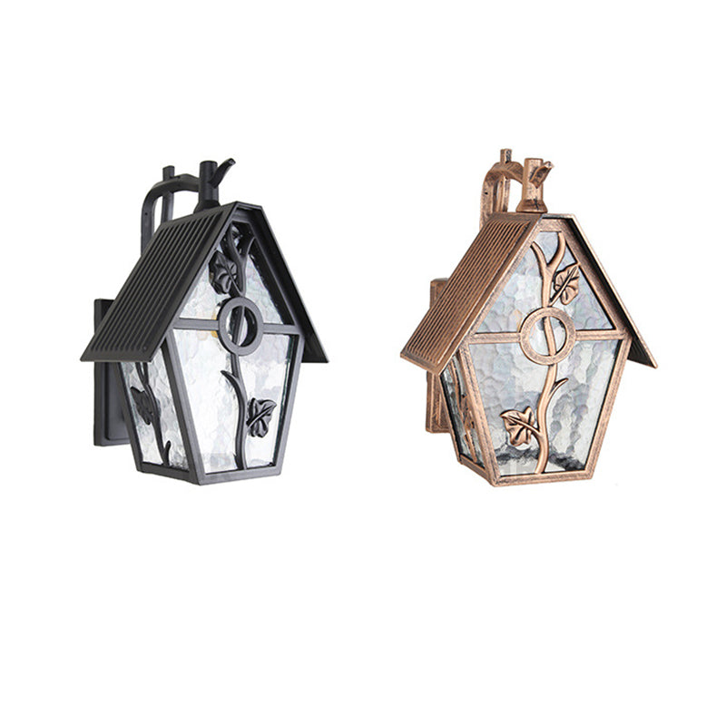 Traditional Vintage House Shape Square Glass Aluminum 1-Light Wall Sconce Lamp For Outdoor Patio