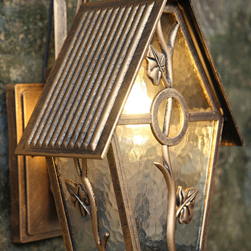 Traditional Vintage House Shape Square Glass Aluminum 1-Light Wall Sconce Lamp For Outdoor Patio