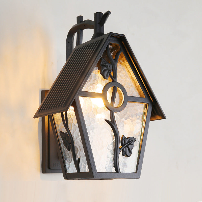 Traditional Vintage House Shape Square Glass Aluminum 1-Light Wall Sconce Lamp For Outdoor Patio