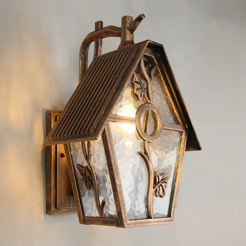 Traditional Vintage House Shape Square Glass Aluminum 1-Light Wall Sconce Lamp For Outdoor Patio