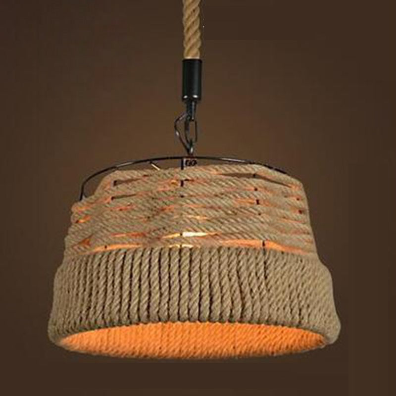 Traditional Vintage Round Cone Sisal Iron 1-Light Pendant Light For Living Room