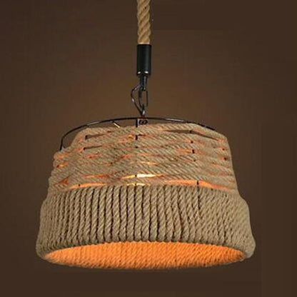 Traditional Vintage Round Cone Sisal Iron 1-Light Pendant Light For Living Room