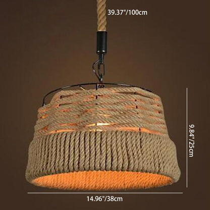 Traditional Vintage Round Cone Sisal Iron 1-Light Pendant Light For Living Room