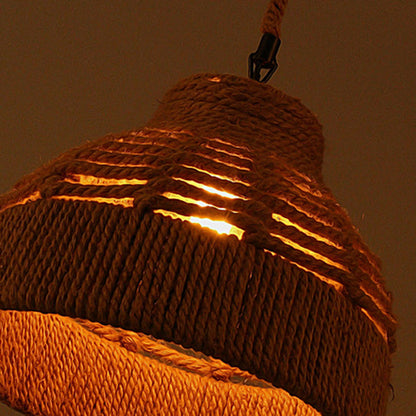 Traditional Vintage Round Cone Sisal Iron 1-Light Pendant Light For Living Room