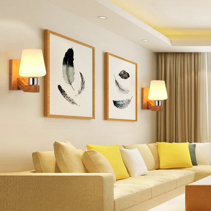 現代的なスカンジナビアのラウンドポッドスクエアガラスアイアンウッド1ライトウォールスコンスランプ寝室用