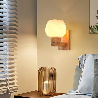 現代的なスカンジナビアのラウンドポッドスクエアガラスアイアンウッド1ライトウォールスコンスランプ寝室用