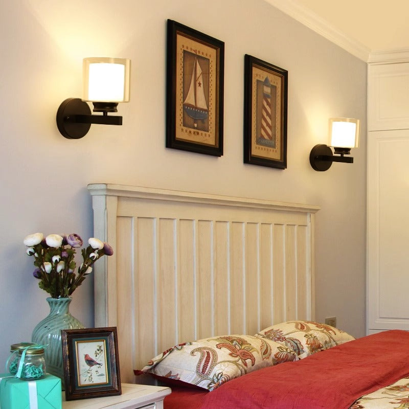 Modern Minimalist Round Column Glass Iron 1-Light Wall Sconce Lamp For Bedroom