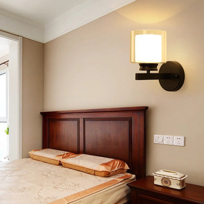 Modern Minimalist Round Column Glass Iron 1-Light Wall Sconce Lamp For Bedroom