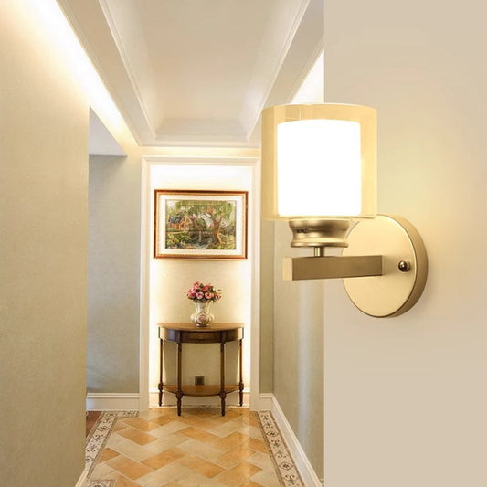 Modern Minimalist Round Column Glass Iron 1-Light Wall Sconce Lamp For Bedroom