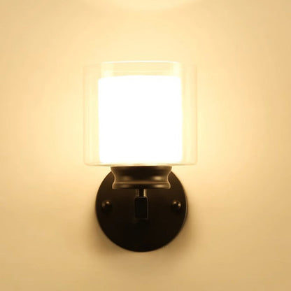 Modern Minimalist Round Column Glass Iron 1-Light Wall Sconce Lamp For Bedroom