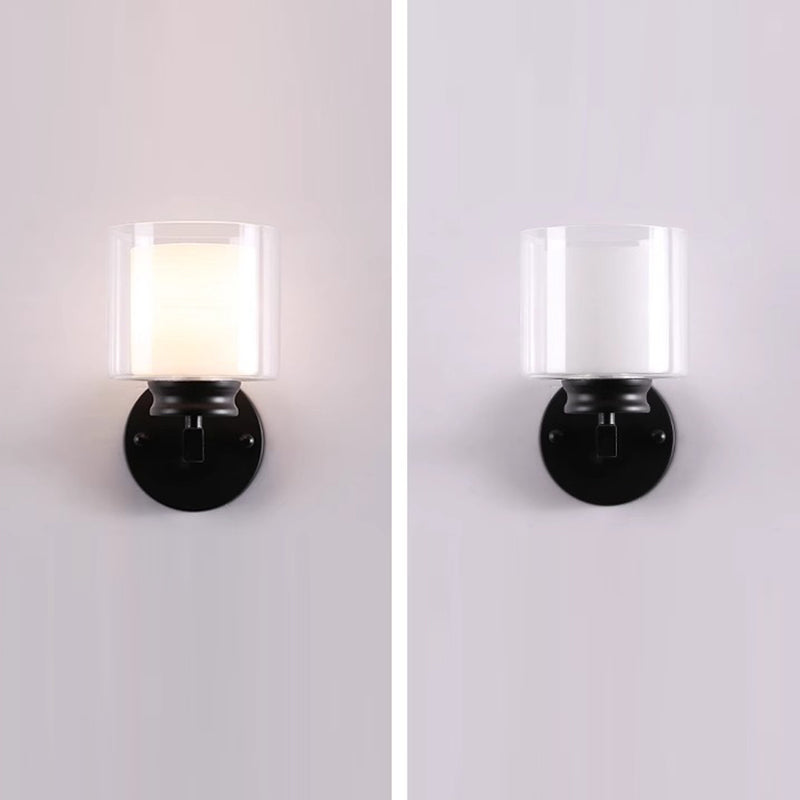 Modern Minimalist Round Column Glass Iron 1-Light Wall Sconce Lamp For Bedroom