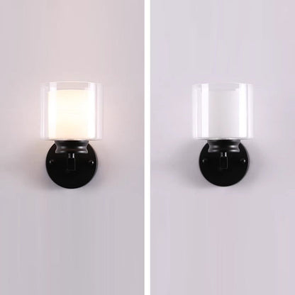 Modern Minimalist Round Column Glass Iron 1-Light Wall Sconce Lamp For Bedroom