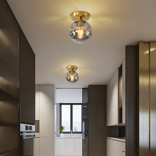 Modern Minimalist Round Ball Cylinder Round Glass Copper 1/2 Light Semi-Flush Mount Ceiling Light For Living Room