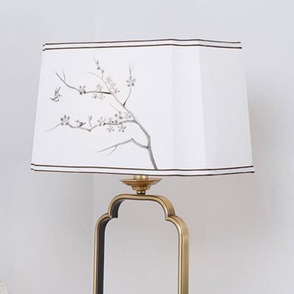 Traditional Chinese Square Round Tree Leaf Fabric Copper 1-Light Table Lamp For Bedroom