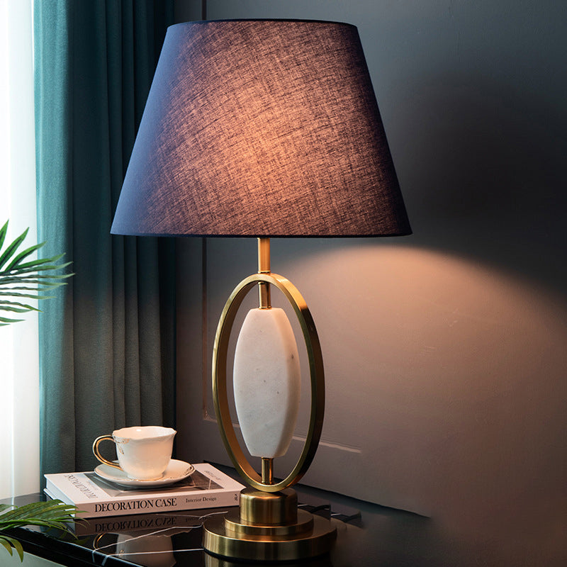 Traditional Vintage Round Column Fabric Metal 1-Light Table Lamp For Living Room