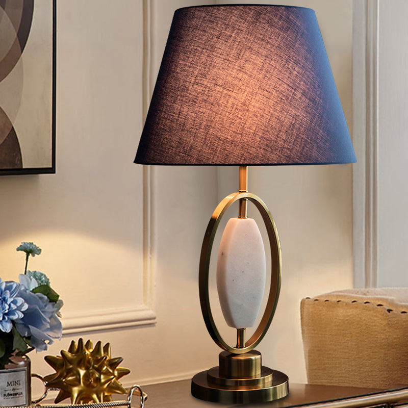 Traditional Vintage Round Column Fabric Metal 1-Light Table Lamp For Living Room