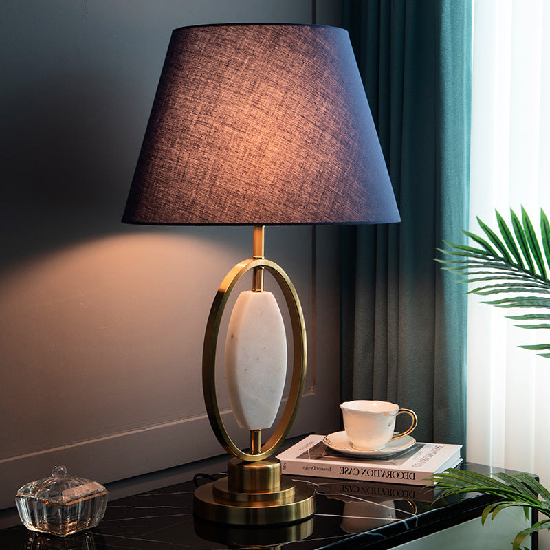 Traditional Vintage Round Column Fabric Metal 1-Light Table Lamp For Living Room