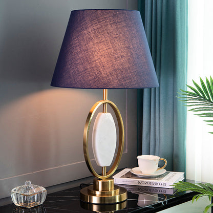 Traditional Vintage Round Column Fabric Metal 1-Light Table Lamp For Living Room