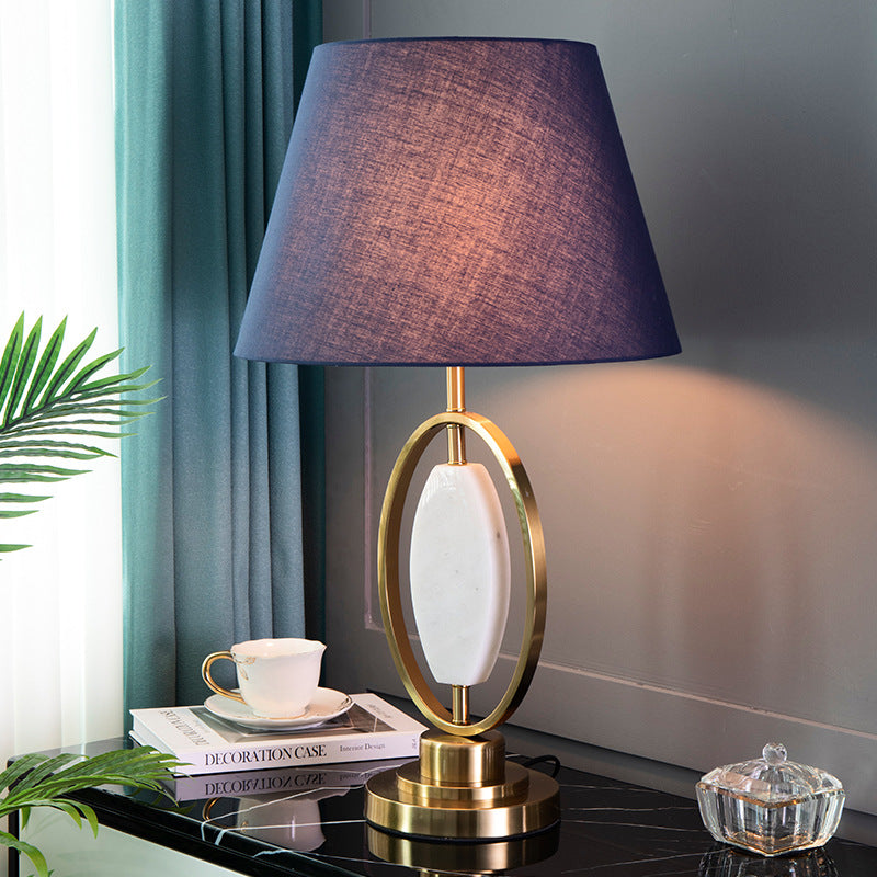 Traditional Vintage Round Column Fabric Metal 1-Light Table Lamp For Living Room