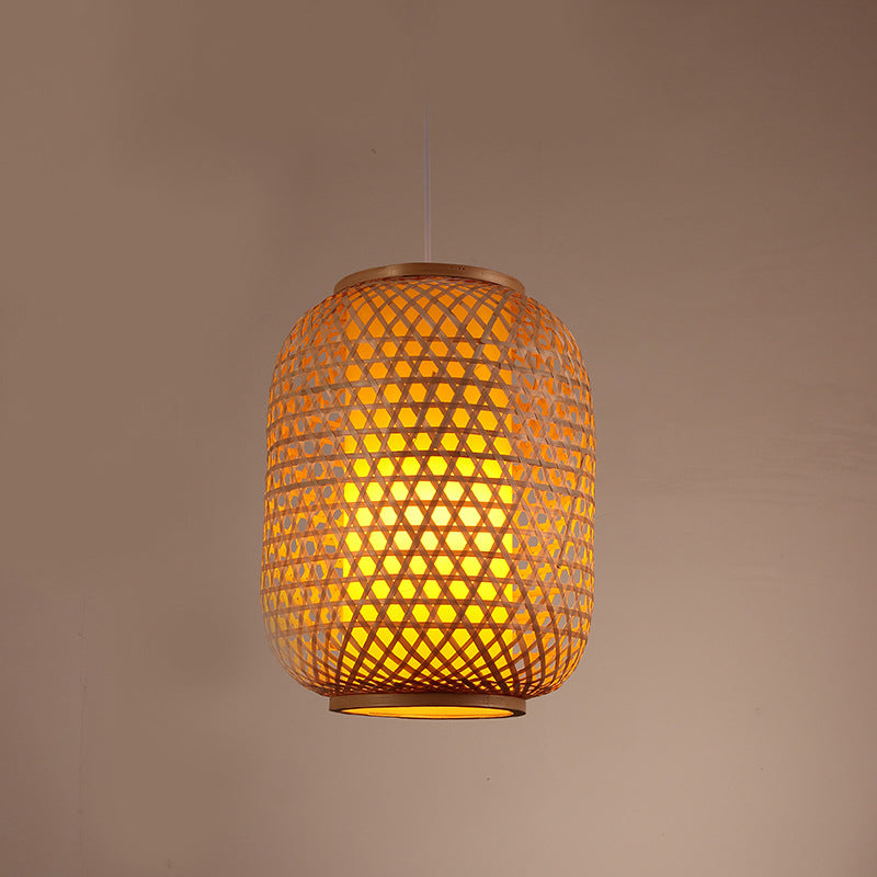 Traditional Chinese Lantern Round Bamboo Wood 1-Light Pendant Light For Living Room
