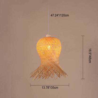Traditional Chinese Cylinder Octopus Round Bamboo 1-Light Pendant Light For Living Room