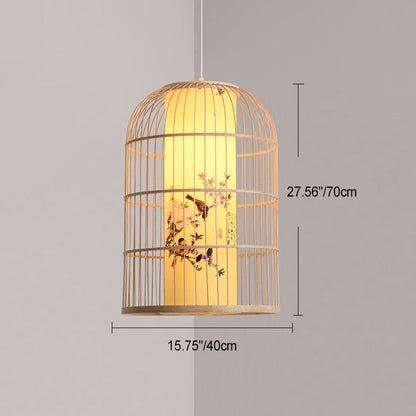 Traditional Chinese Cylinder Round Print Faux Sheepskin Bamboo 1-Light Pendant Light For Living Room